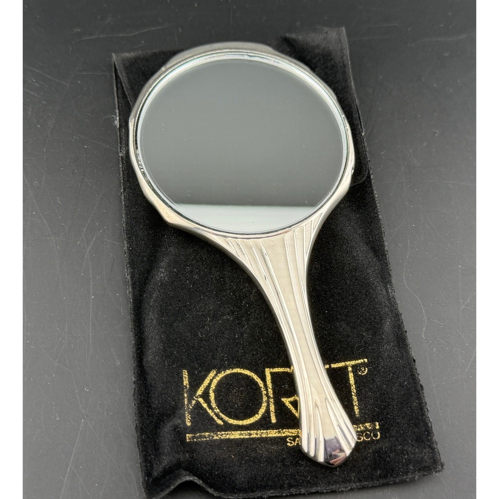 Vintage Koret San Francisco Hand Mirror: Silver Tone Shell with Velvet Pouch